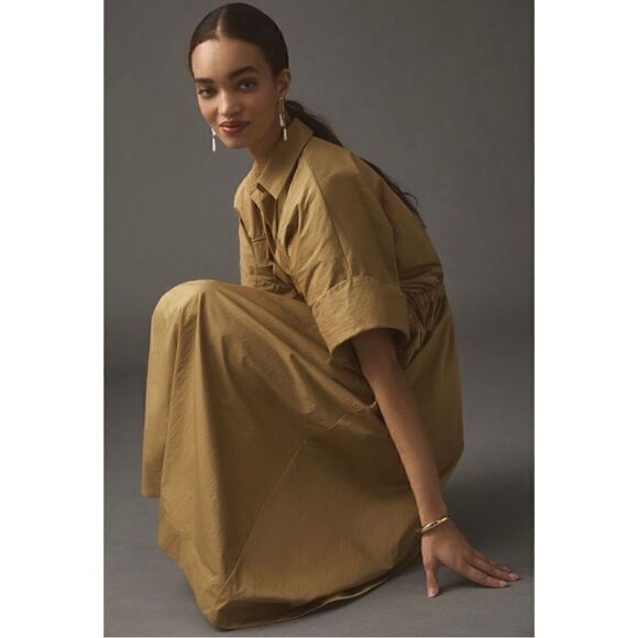 NEW Anthropologie Maeve Taupe Utility Gathered Maxi Shirt Dress Large Petite - Picture 3 of 10